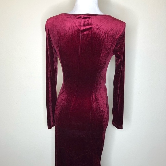 Zaberry Wine Red Velour Velvet Wrap Stretch Mermaid Midi Dress Valentine’s Day - Picture 8 of 14